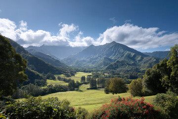 Fototapeta premium capture essence of hawaiis stunning landscapes featuring majestic mountains with lush green hills and burst of