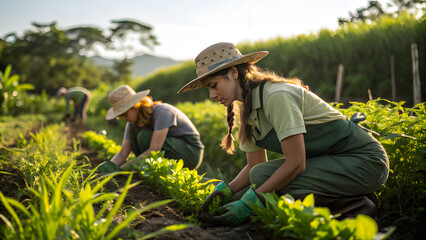 Two women planting seedlings in a garden at sunset