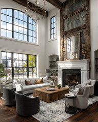Bright Modern Living Room with High Ceilings and Elegant Decor Featuring Large Windows and Cozy Sofa