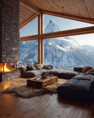 Cozy Living Room with Modern Furniture and Stunning Mountain View Through Large Windows