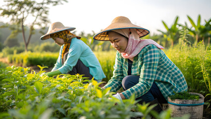 Two women farmers planting seedlings in a field agriculture