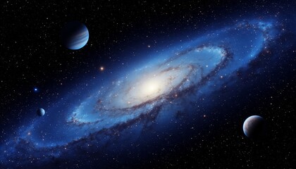 A mesmerizing 3D image of a spiral galaxy surrounded by distant planets and twinkling stars in deep space, showcasing vibrant colors in stunning 4K resolution.