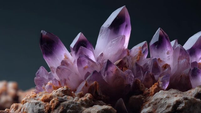 A group of amethyst crystals with pointed formations and natural, rough texture
