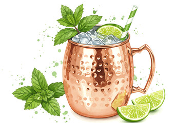 Refreshing watercolor illustration of a moscow mule cocktail in a copper mug with lime and mint Isolated on Transparent Background