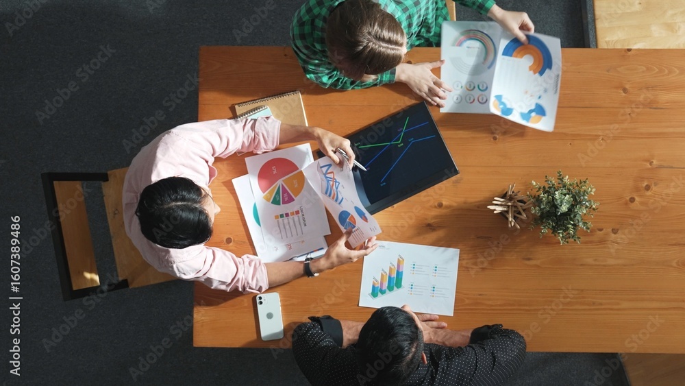 Poster top view of smart project manager holding document to presenting financial graph to caucasian invest