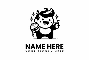 Cheerful Cartoon Character Holding Burger and Drink with Sparkling Accents.