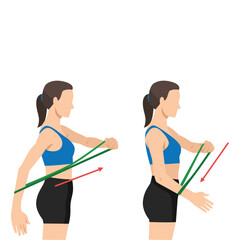 Standing Resistance Band Arm Pull for Shoulder and Arm Activation. Flat vector illustration isolated on white background