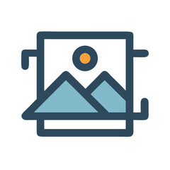 Minimalist landscape icon with mountains, sun, and frame