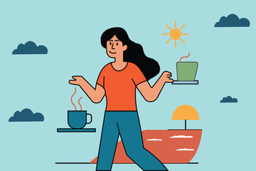 A cheerful woman balances coffee cups on trays, symbolizing a refreshing break, relaxation, and a moment of peace.