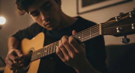 Obraz premium Focused Musician Plays Acoustic Guitar in Warm Light, Expressing Passion and Creativity