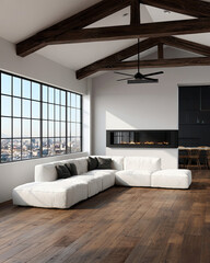 Modern Minimalist Living Room Interior with White Sofa and Large Windows Overlooking Cityscape