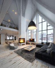 Modern Cozy Interior of a Spacious Living Room with Fireplace and Snowy View in Winter