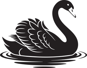 Stylized graphic silhouette of a graceful black swan floating on a lake with ripples. Vector animal icon.