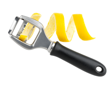 A stainless steel citrus zester tool transparent background