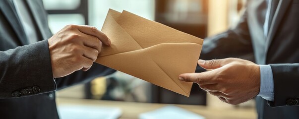 Business colleagues exchanging a light brown envelope
