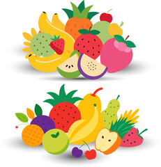 Vibrant Flat-Lay Illustration of Assorted Fresh Fruits: Bananas, Strawberries, Pineapple, and More;  Healthy Eating Concept.