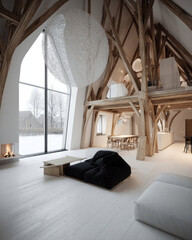 Modern Minimalist Interior Design Featuring Cozy Living Room with Large Windows and Natural Wood Framework