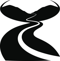 Black winding road through mountains under a curved sky path journey