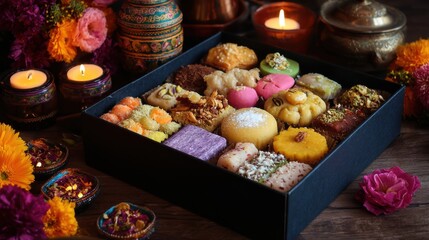 Assorted Indian Sweets in Decorative Diwali Gift Box with Diyas and Festival Lights