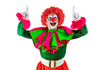 Funny clown pointing up at blank template copy spase for advertising, posters, greetings,...