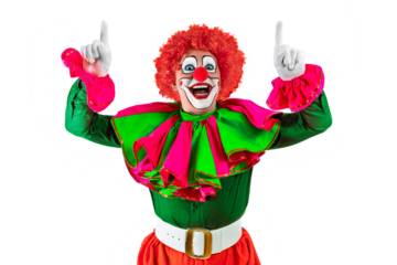 Funny clown pointing up at blank template copy spase for advertising, posters, greetings, invitations. Entertainer as Joker in a suit and wig, with clown whiteface makeup.