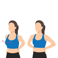 Woman demonstrates a simple chest opening stretch with hands on hips. Flat vector illustration isolated on white background
