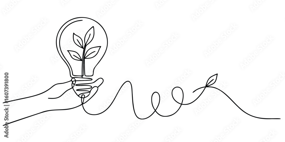 Poster continuous line art drawing of a hand holding a lightbulb with a plant inside and a connecting wavy 
