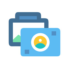 Camera and image flat design illustration on black background