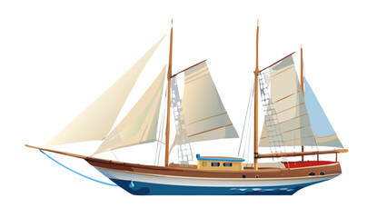 A classic sailing schooner with full sails gliding across the water