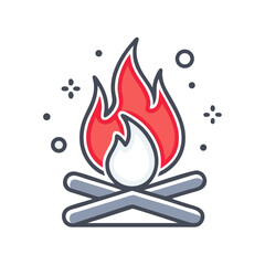 Stylized illustration of a campfire with red flames and crossed logs on a black background