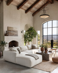 Modern Living Room Interior with Cozy White Sofa and Scenic Mountain View Through Large Window