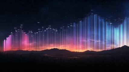 Abstract Data Visualization on a Starry Night Landscape with Gradient Sky Hues - Powered by Adobe