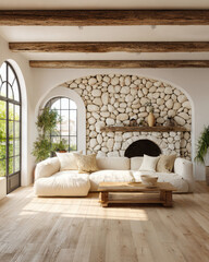 Cozy Living Room with White Sofa and Rustic Stone Fireplace Surrounded by Natural Light and Greenery