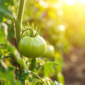 Green tomato on vine, sunny day