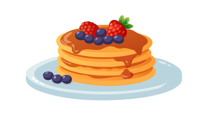 Delicious stack of pancakes topped with berries and syrup on a plate