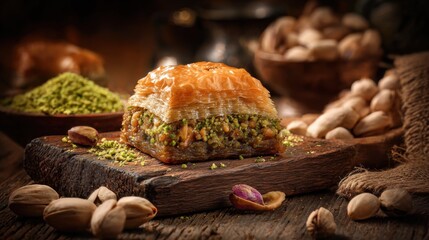Turkish baklava dessert with flaky layers