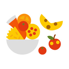 Colorful flat illustration of a bowl filled with various fruits and vegetables