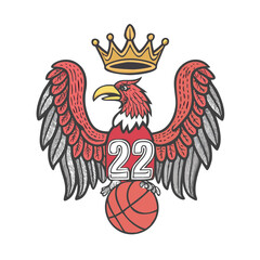 Naklejka premium Majestic eagle with crown and basketball holding number twenty two emblem