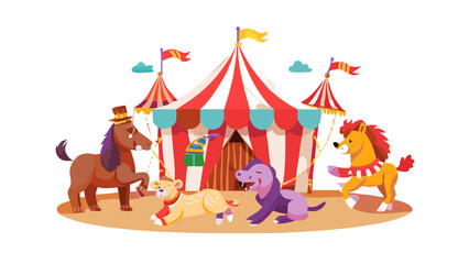 Circus animals perform tricks under a big top tent with flags and clouds