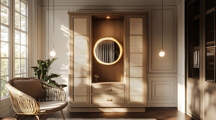 A classic wooden almirah with shining brass details, perfectly complementing the vintage charm of a colonial bedroom.

