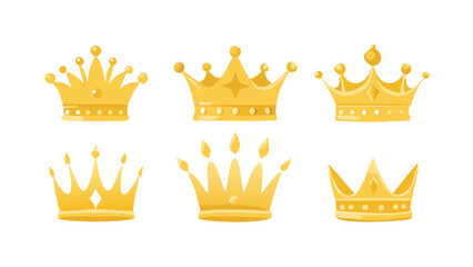 Collection of six distinct golden royal crowns displayed against a black background