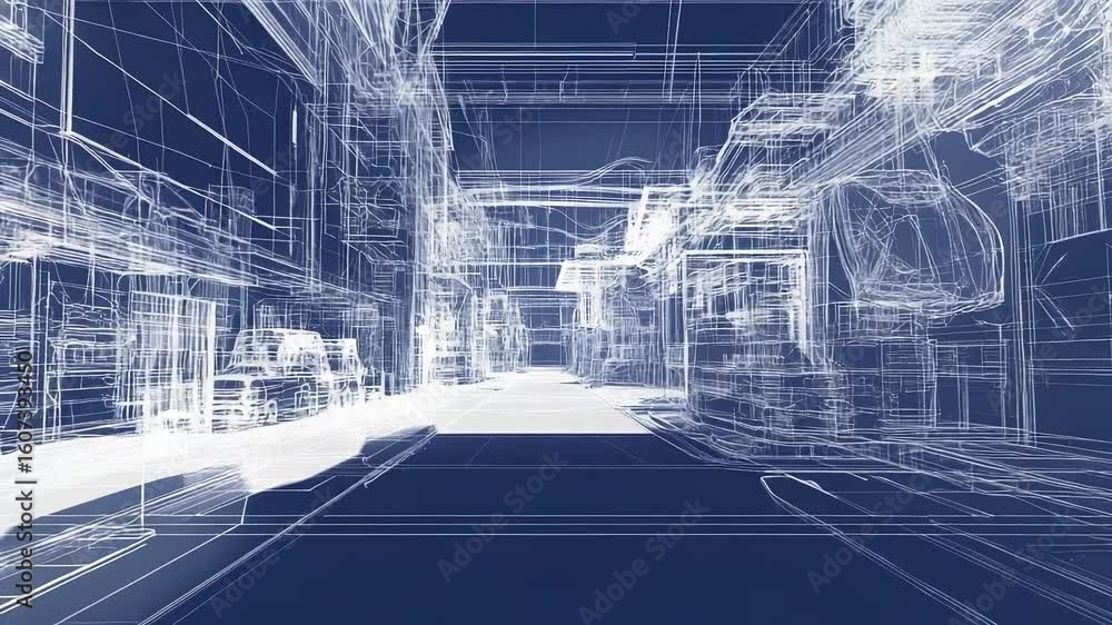 Poster Blueprint city visualization with detailed wireframe architectural structures and perspective