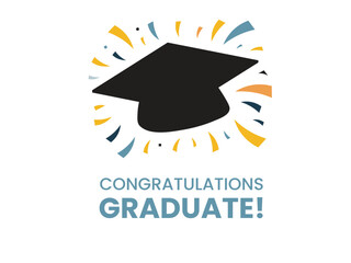 A simple, celebratory graphic design featuring a stylized graduation cap amidst a burst of colorful, abstract rays. Graduation Congratulations.