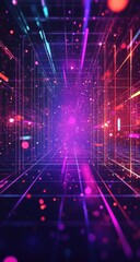 Naklejka premium Digital tunnel of vibrant neon lines and particles