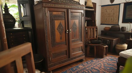 A classic wooden almirah with shining brass details, perfectly complementing the vintage charm of a colonial bedroom.

