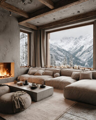 Cozy Living Room with Large Windows Overlooking Snowy Mountain Landscape and Fireplace
