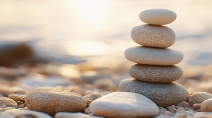Zen stones balancing on a sandy beach with a blurred golden sunset background