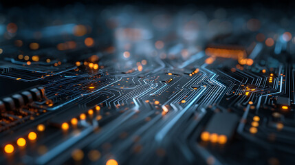 Illuminated circuit board pathways with glowing orange nodes and blue light accents technology electronic