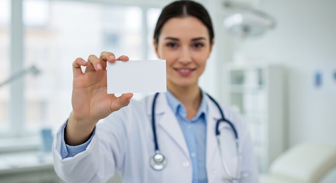 Female Doctor in White Coat Holding Blank Business Card in Modern Clinic Office - Powered by Adobe