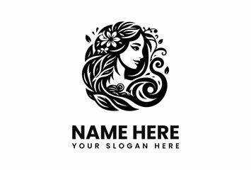 Elegant Womans Profile with Floral and Leafy Embellishments in Black and White.